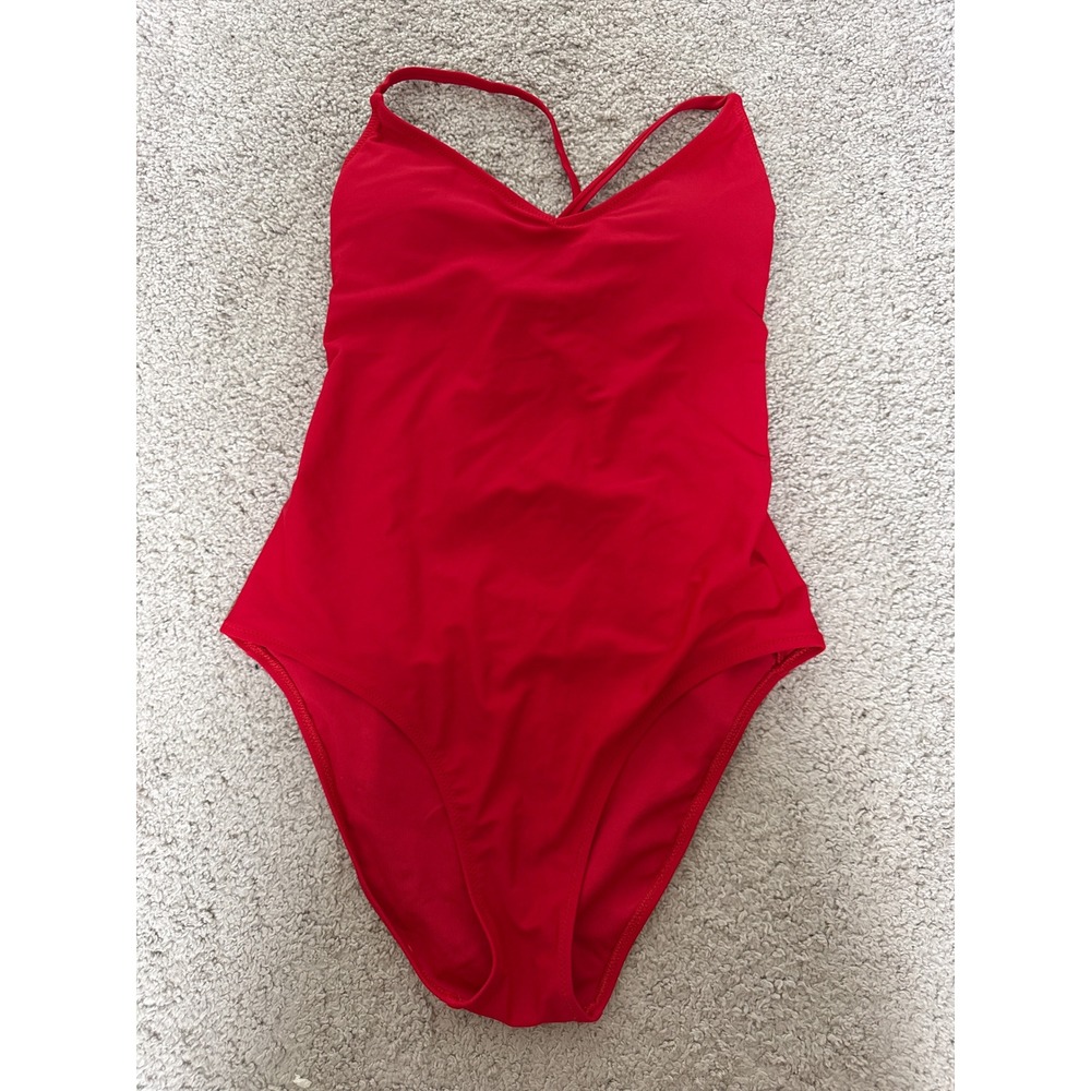 Red One Piece Swimsuit Sweetheart Neck Lace Up Back Strappy Monokini Small